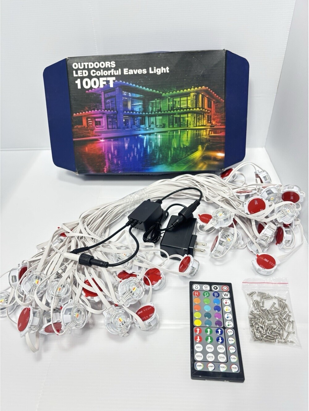 100FT Outdoor LED Eaves Light RGB Roof String Lights App Remote Control Open Box